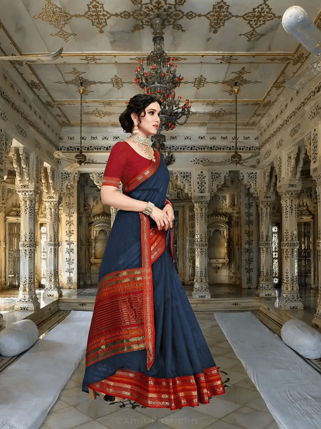 Model standing by stone arch, navy drape glowing with tricolor border under golden light