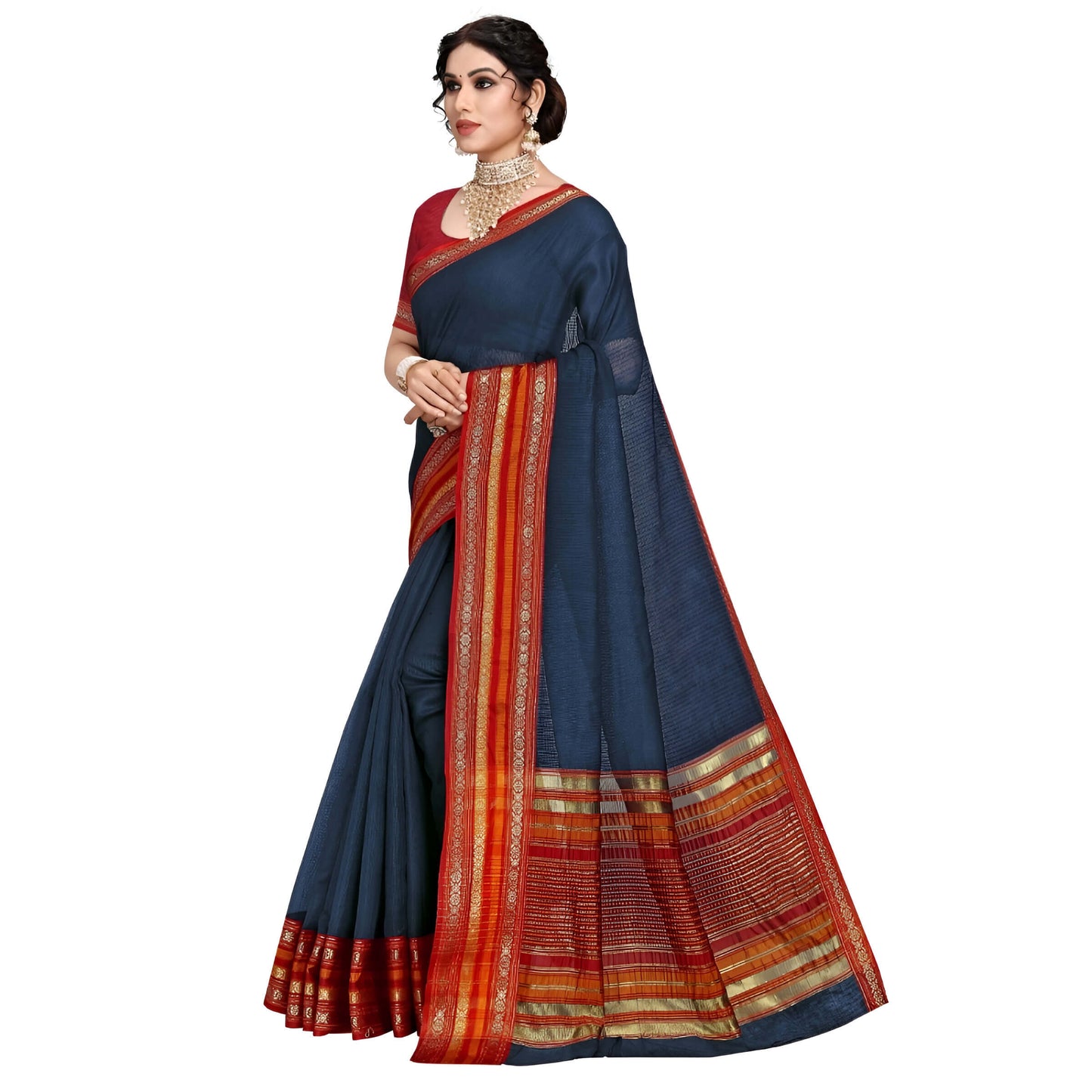 Flat lay of navy cotton saree, tri-tone border taking center stage under clean light