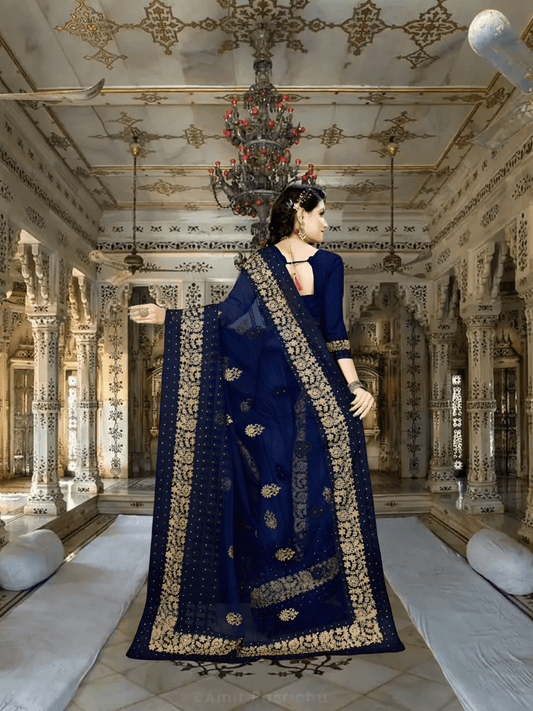 Side pose on palace staircase, saree trailing like twilight smoke