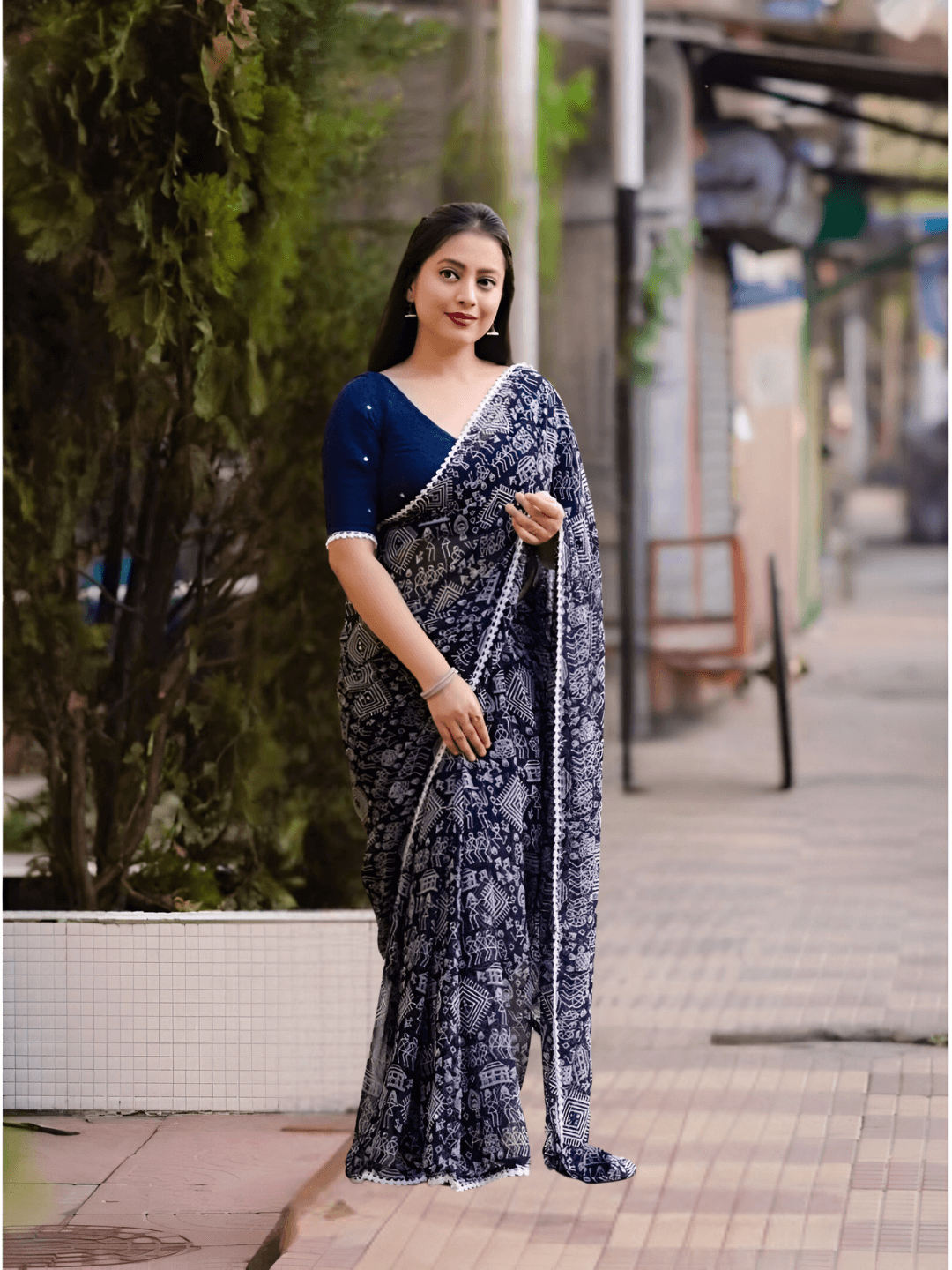 Model twirling to show cosmic navy-blue
 gradient