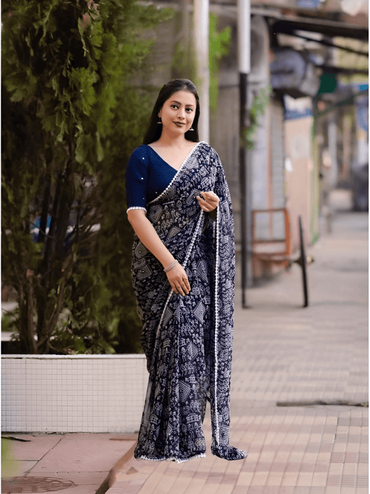 Model twirling to show cosmic navy-blue
 gradient