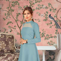 Angled front view of pista stretchable full-sleeve dress