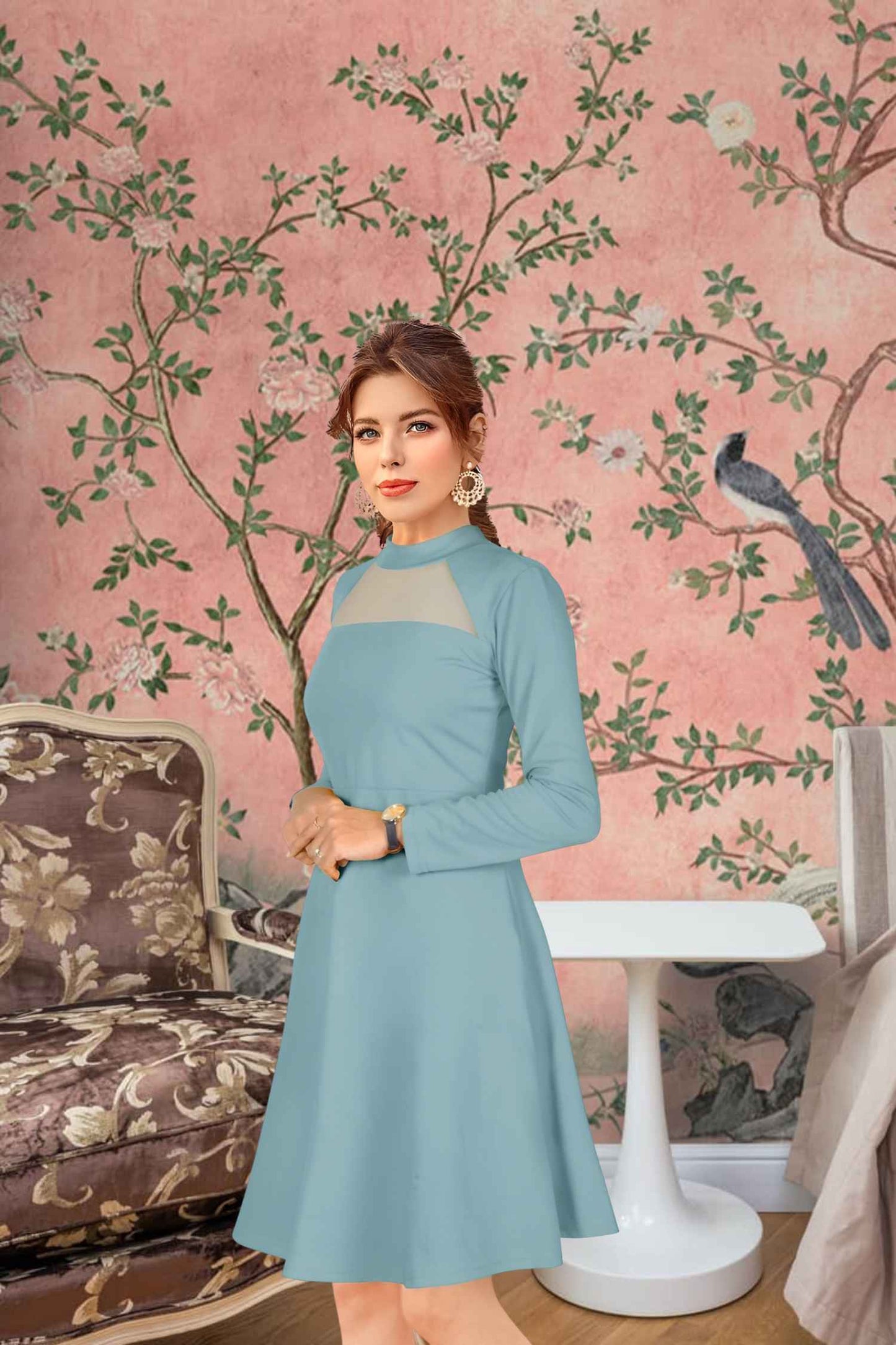 Angled front view of pista stretchable full-sleeve dress