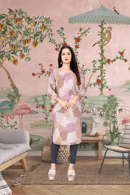 Front view of brown kurti with earthy print against textured mud wall