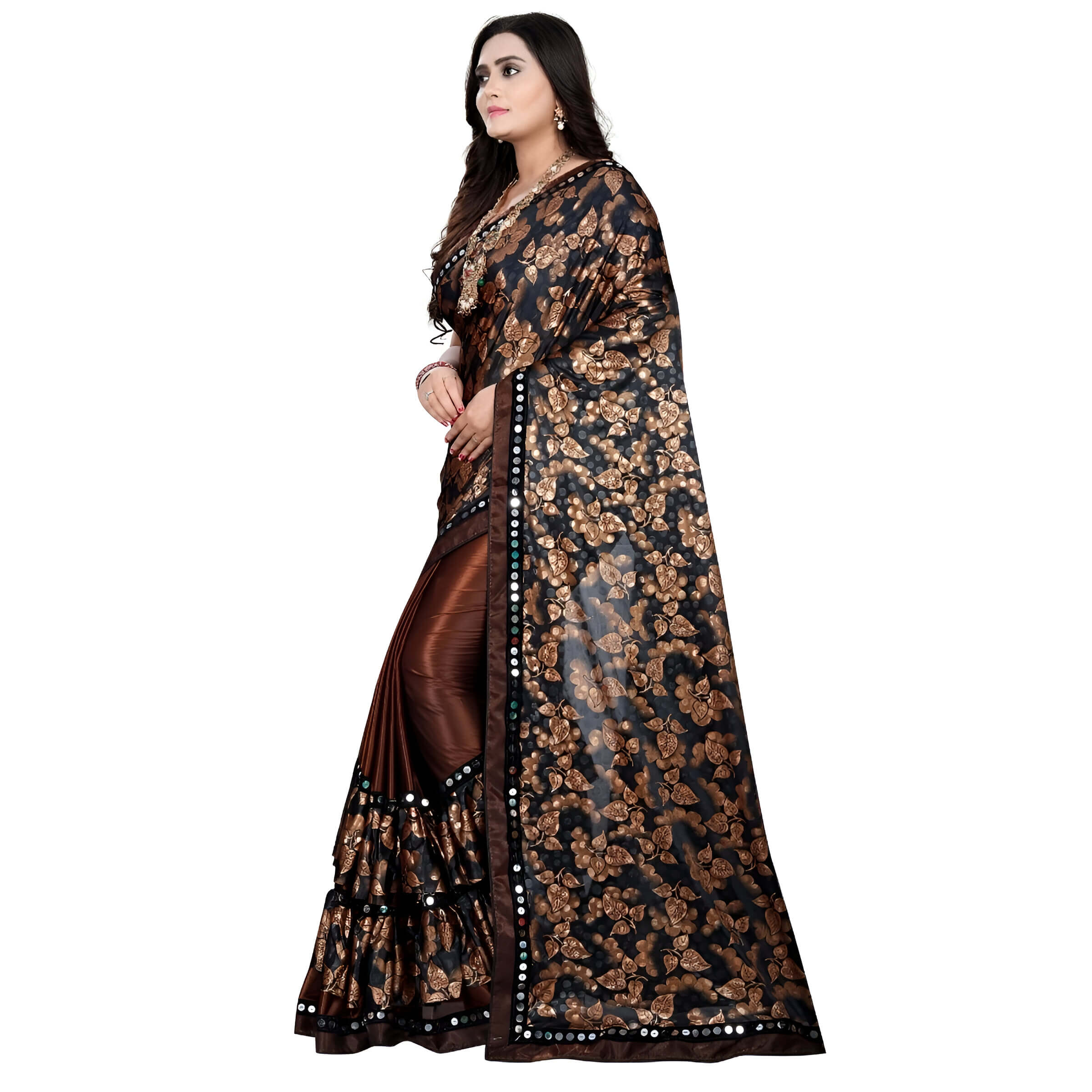 Coffee brown lycra blouse fabric with  accents