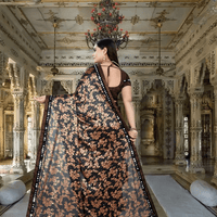 Coffee brown saree in golden hour, gold butterflies glowing like spilled sunlight