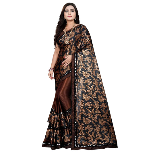 Brown-gold saree flat lay showing  embroidery