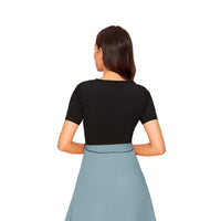 Back view of Monochrome Reverie contrast stretchable dress on plain background