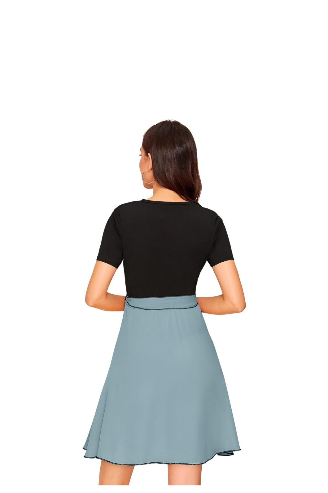 Back view of Monochrome Reverie contrast stretchable dress on plain background