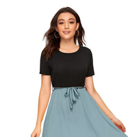 Front-facing view of Monochrome Reverie black and grey cap sleeve dress