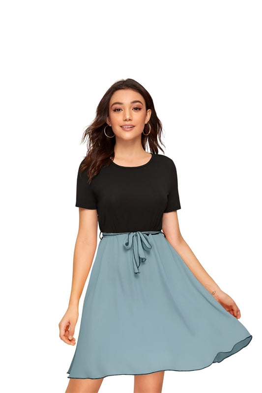Front-facing view of Monochrome Reverie black and grey cap sleeve dress