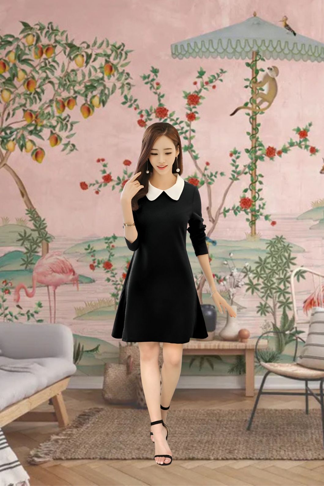 Model in monochrome dress with white collar – front view in Japanese-inspired setting