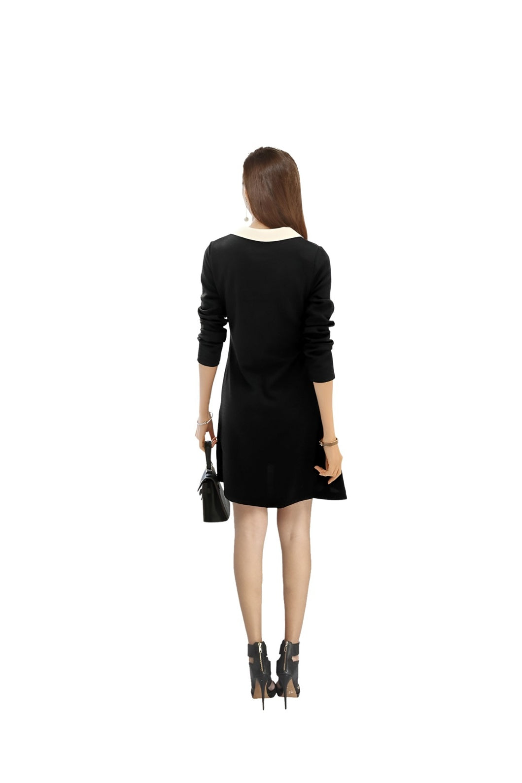 Clean white background – back view of the monochrome dress