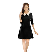 Front studio view of black dress with white collar