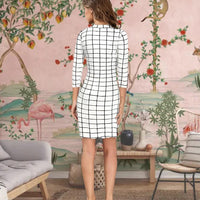  Back view of "Moonlit Dominion" White High Neck Bodycon Dress with full sleeves in soft lighting.