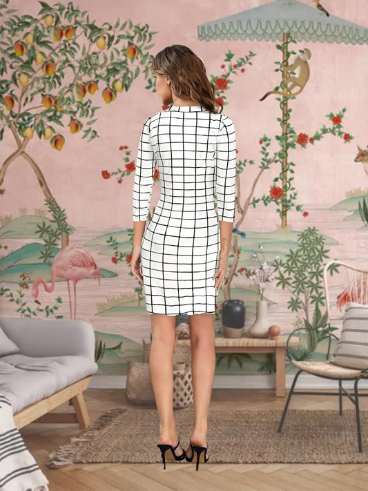  Back view of "Moonlit Dominion" White High Neck Bodycon Dress with full sleeves in soft lighting.