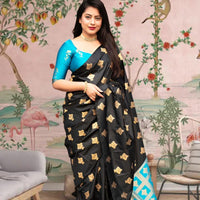 Front view of black silk saree with sky blue blouse in royal setting