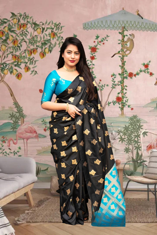 Front view of black silk saree with sky blue blouse in royal setting
