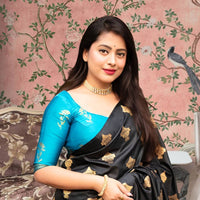  Front view of black silk saree with sky blue blouse in royal setting