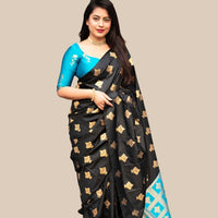 Studio front view of black silk printed saree and blouse contrast