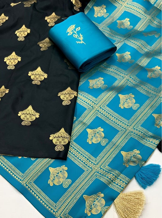 Close-up of printed pallu over black silk