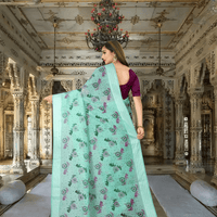 Full pallu view of floral printed cotton saree flowing naturally in palace setting