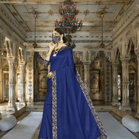 Close-up of intricate pink digital prints on navy silk blend saree