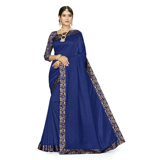 Navy silk blend saree with digital pink border and blouse in studio view