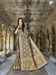 Model in blue Banarasi silk saree with golden motifs in royal palace setting