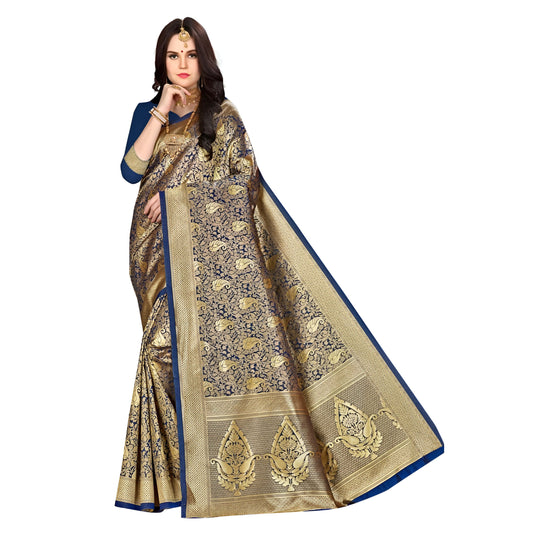Zoomed-in gold abstract pattern on smooth royal blue silk fabric