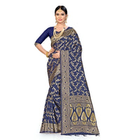 Crisp pleats of navy saree with gold highlights in sharp focus