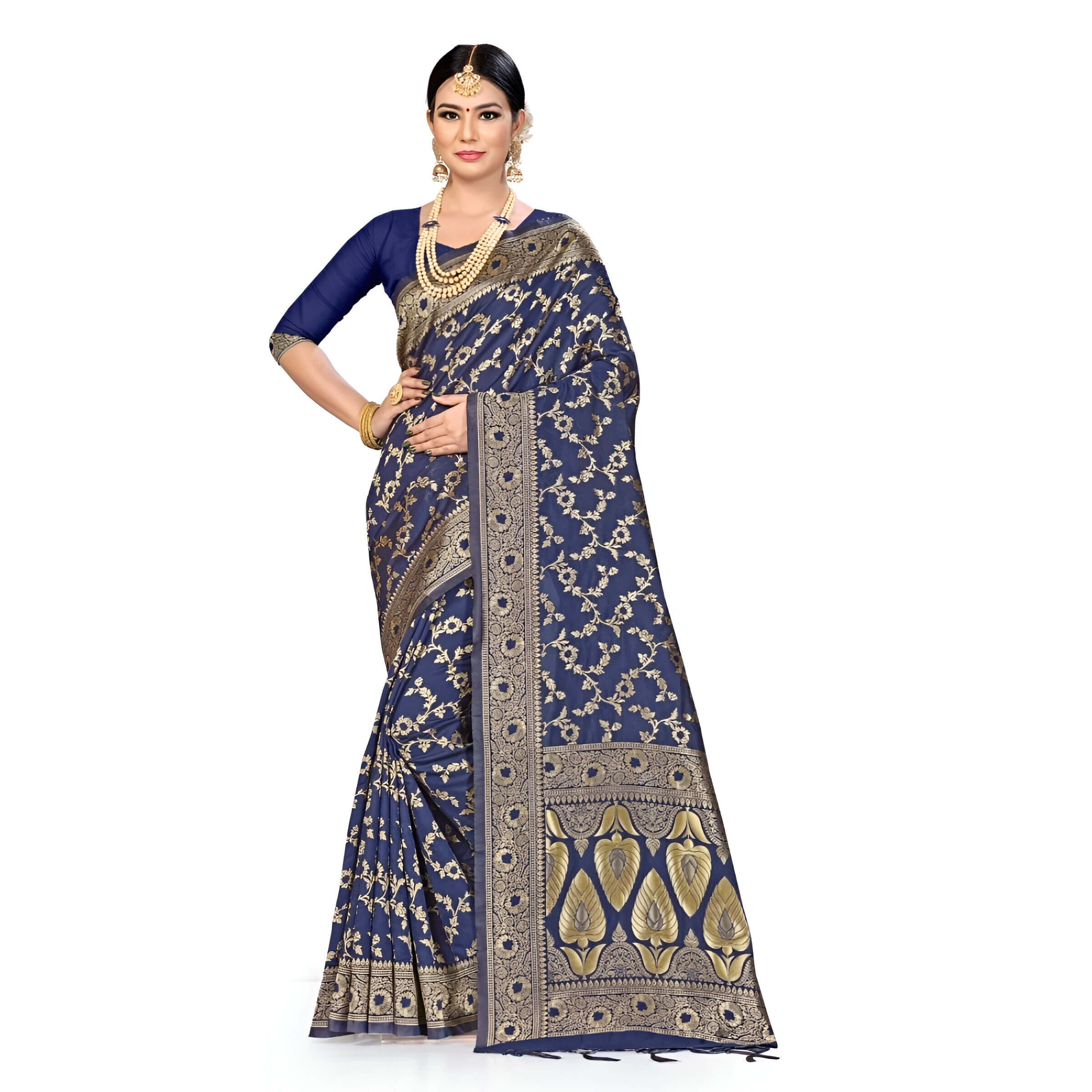 Crisp pleats of navy saree with gold highlights in sharp focus