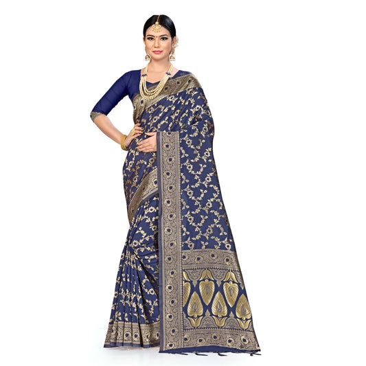 Crisp pleats of navy saree with gold highlights in sharp focus