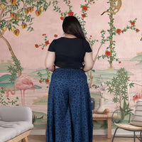 Back view showing design flow of blue printed palazzo