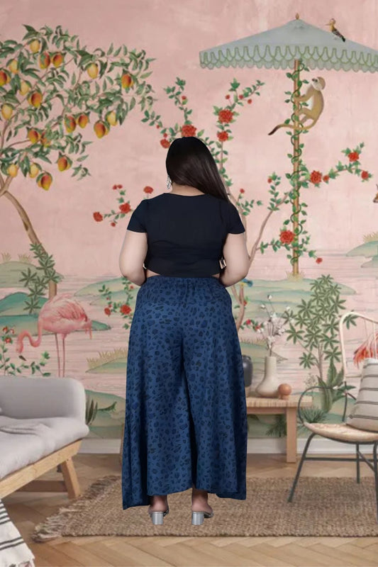 Back view showing design flow of blue printed palazzo