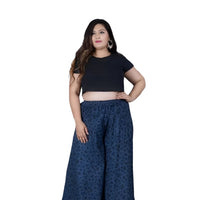  Studio front view of blue printed cotton palazzo pants