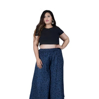 Studio front view of blue printed cotton palazzo pants