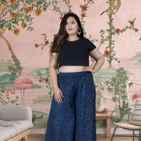  Front view of blue cotton printed palazzo pants in palace interior