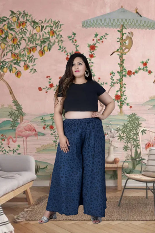  Front view of blue cotton printed palazzo pants in palace interior