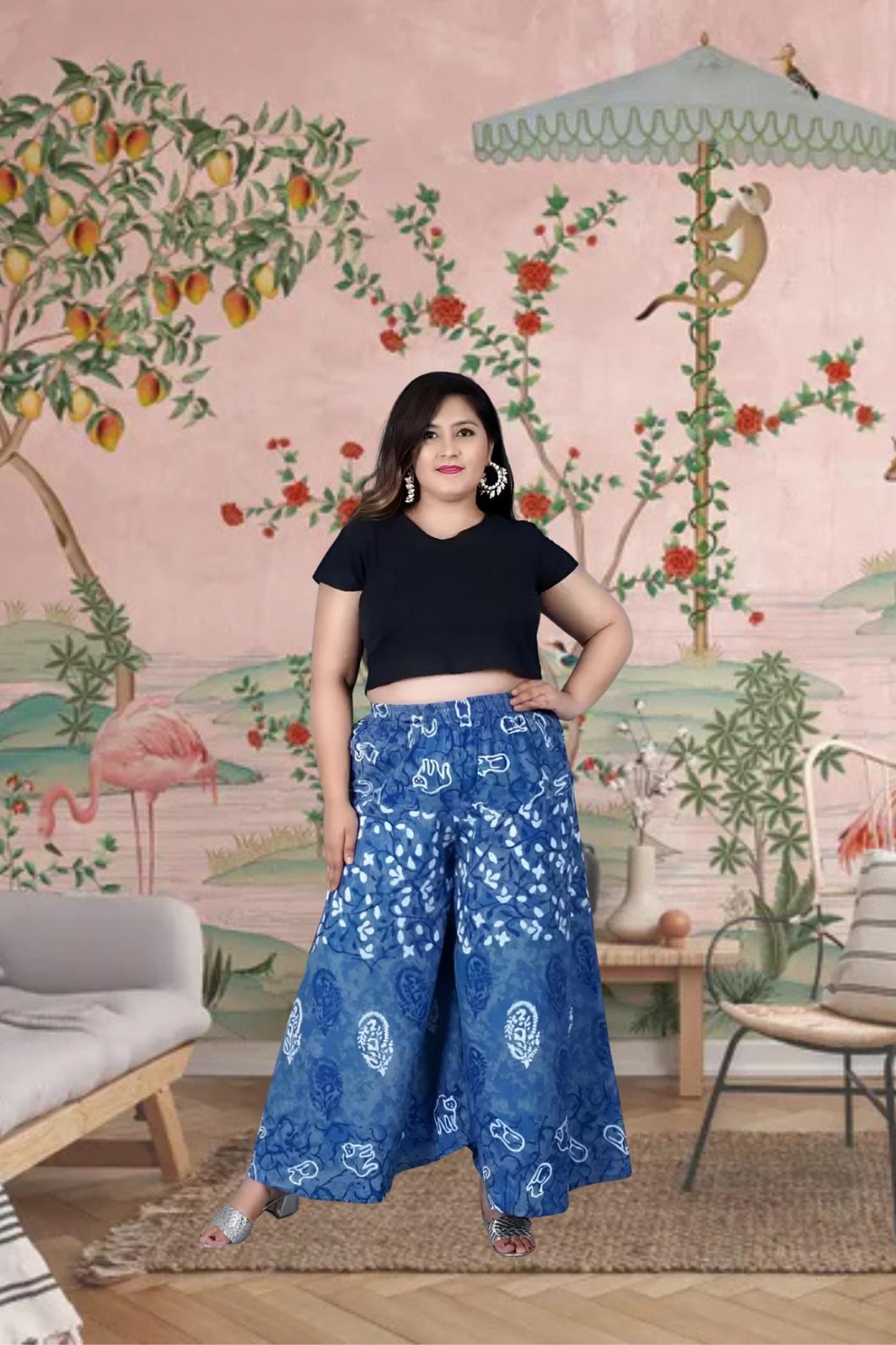 Front view of blue printed palazzo pants under soft daylight