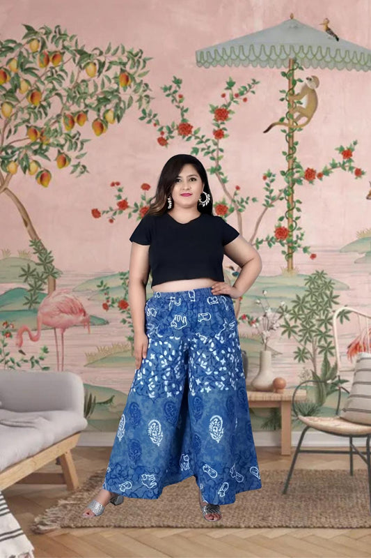 Front view of blue printed palazzo pants under soft daylight
