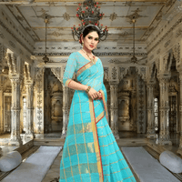 Model turned sideways in sky blue checkered saree under warm palace lighting