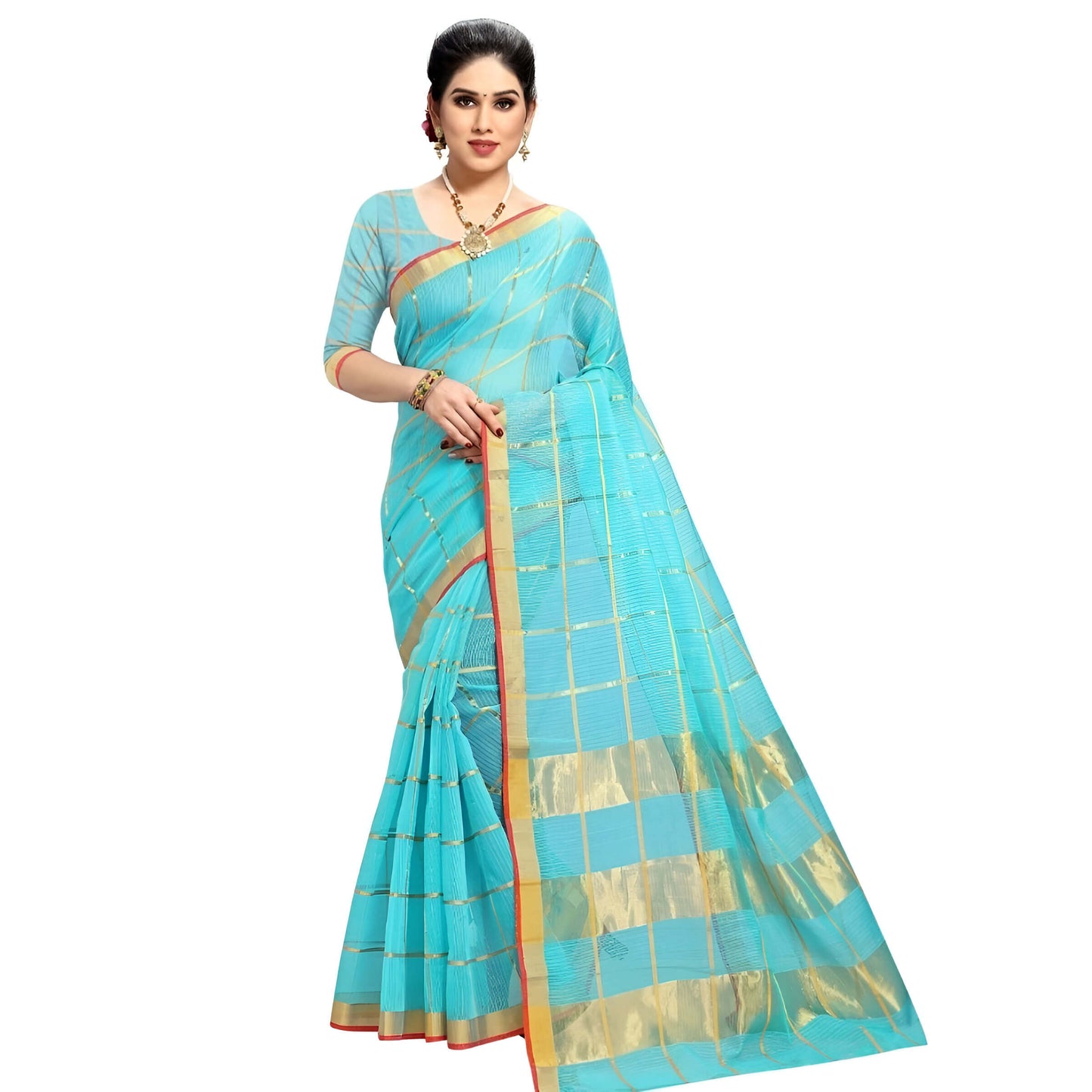 Full saree laid flat showcasing checkered pattern and dual-tone border