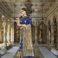 Model in royal blue and gold Banarasi silk saree standing in palace room