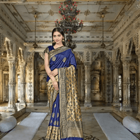 Model gracefully holding blue Banarasi saree showing intricate zari near border