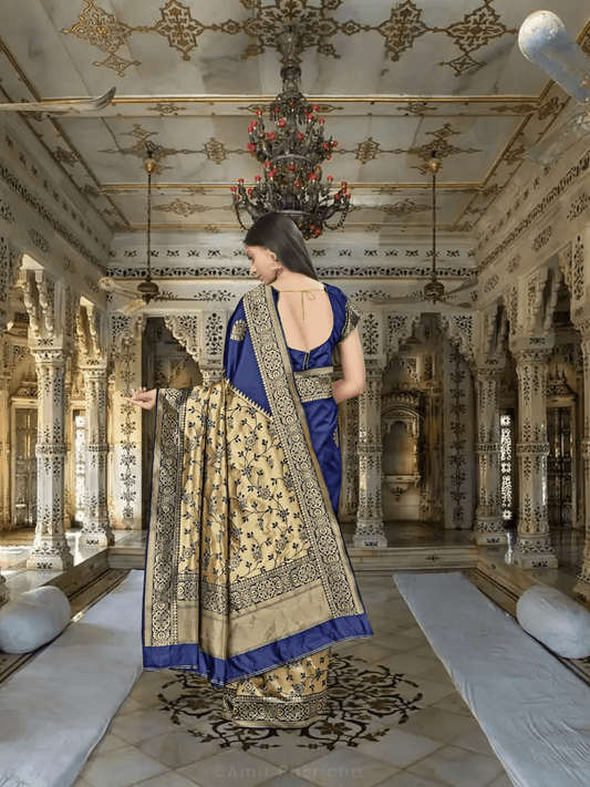 Full pallu view of Banarasi silk saree with zari work in regal indoor setting