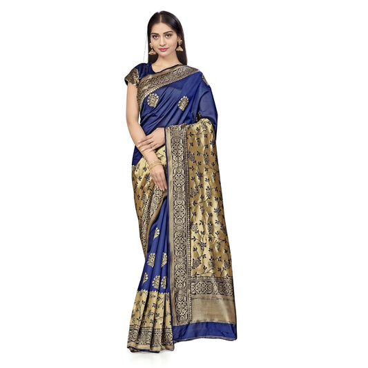 Royal blue Banarasi silk saree with golden zari draped on mannequin against white backdrop