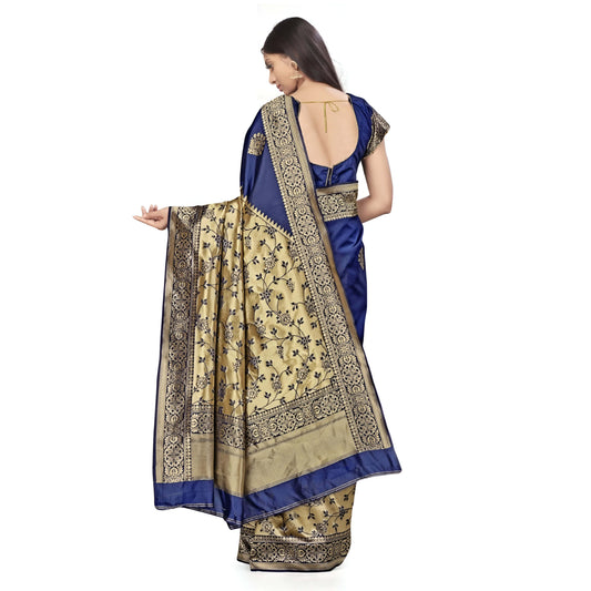 Banarasi silk pallu extended, showing zari design on white studio background