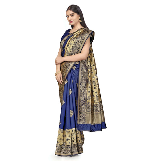 Detailed shot of Banarasi weaving and zari patterns on blue silk fabric