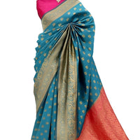 Studio front pose of aqua blue Banarasi saree with clean pleats – white background